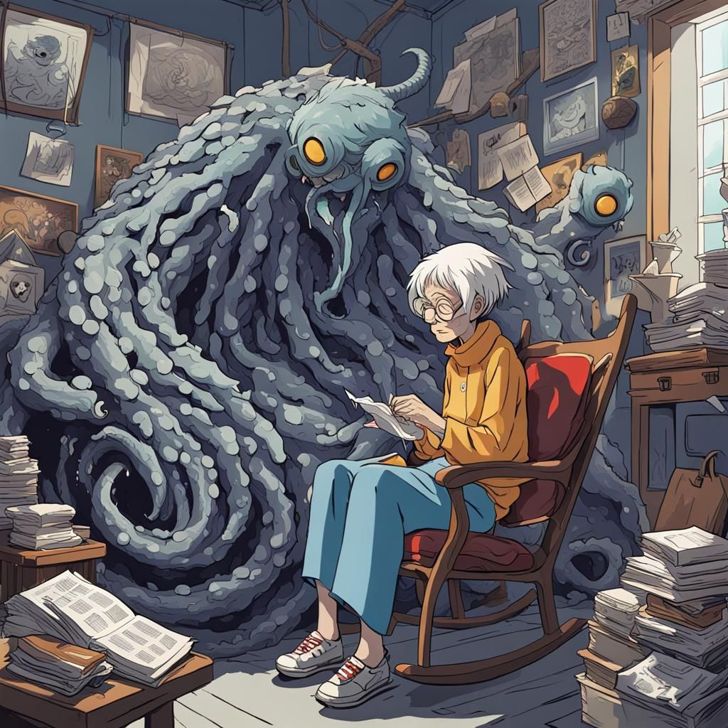 Cubist Monster Interrupts Knitter: Jacob Lawrence Style