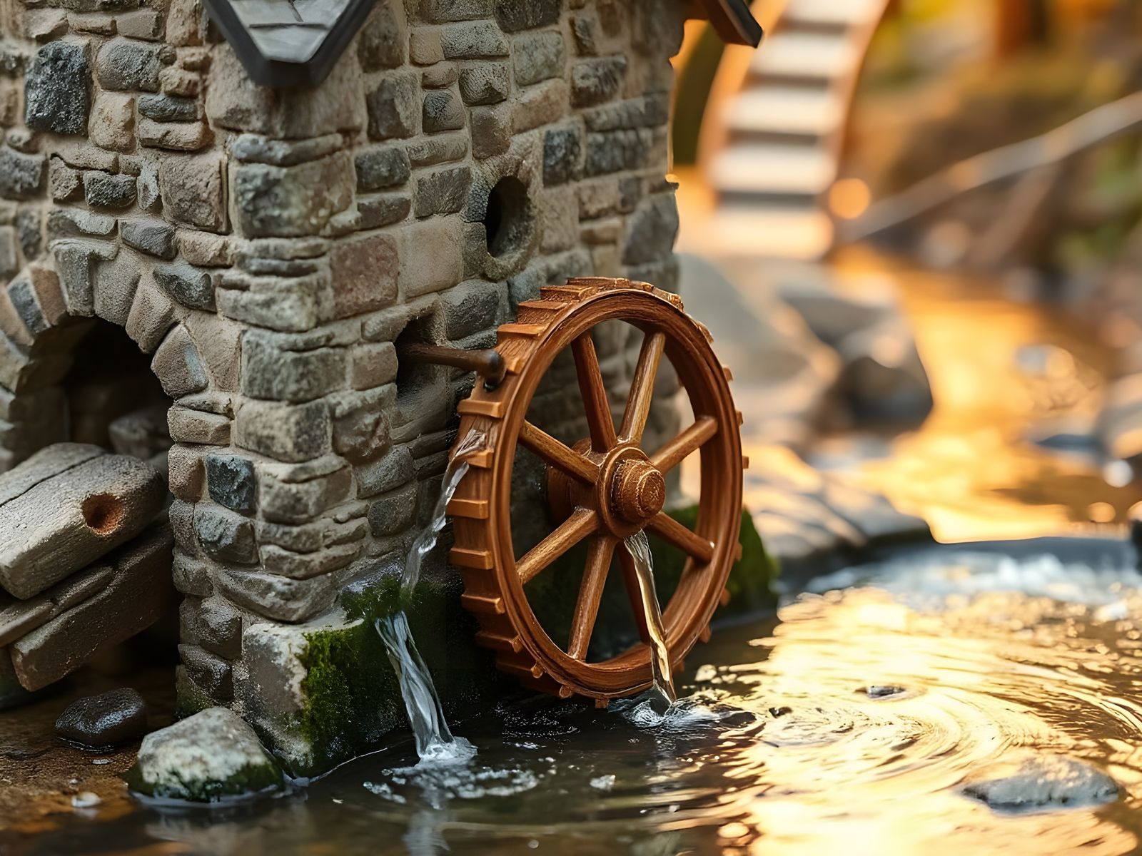 Miniature Water Wheel Scene in Rustic Stone Mill Setting