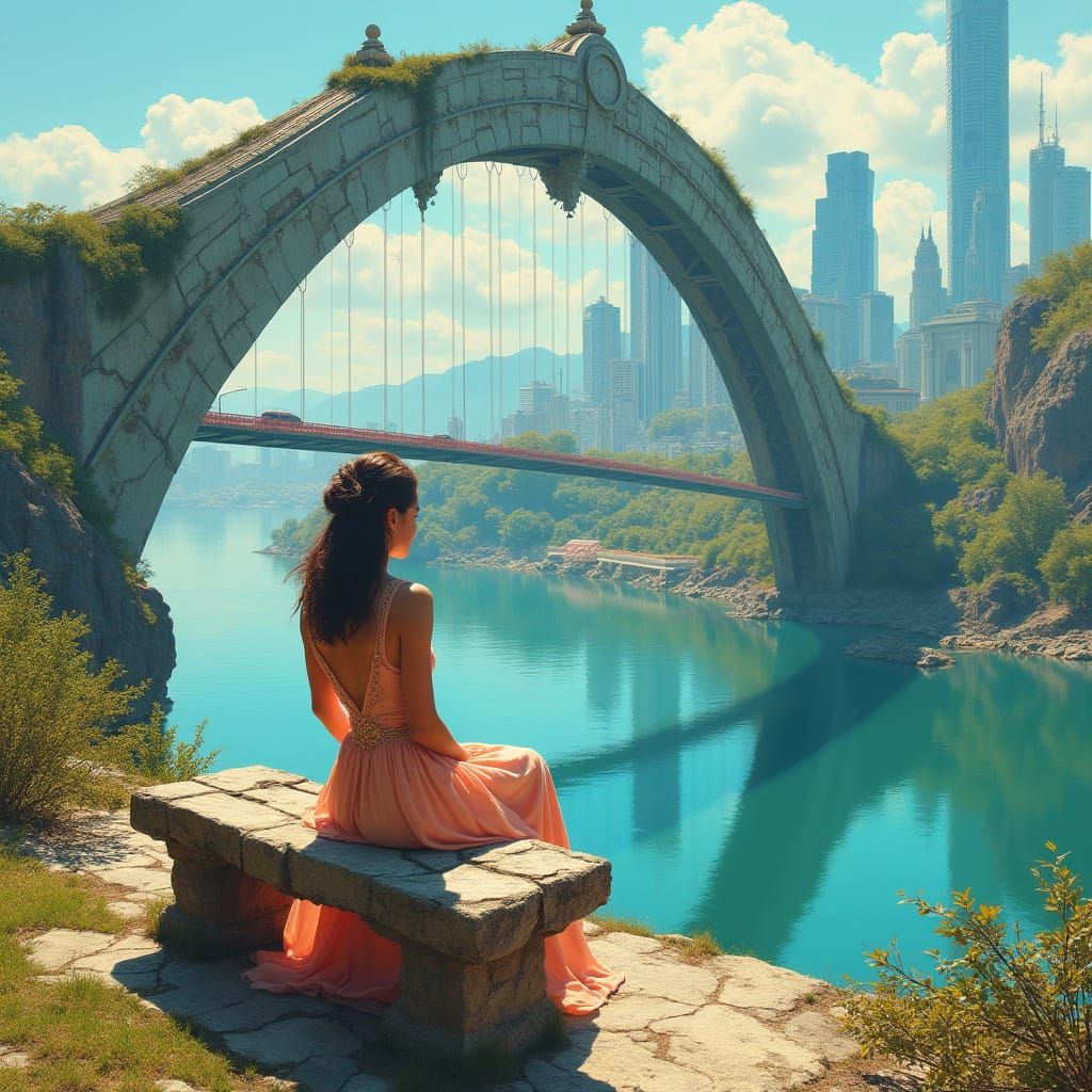 Futuristic Cityscape with Ornate Bridge, Digital Art