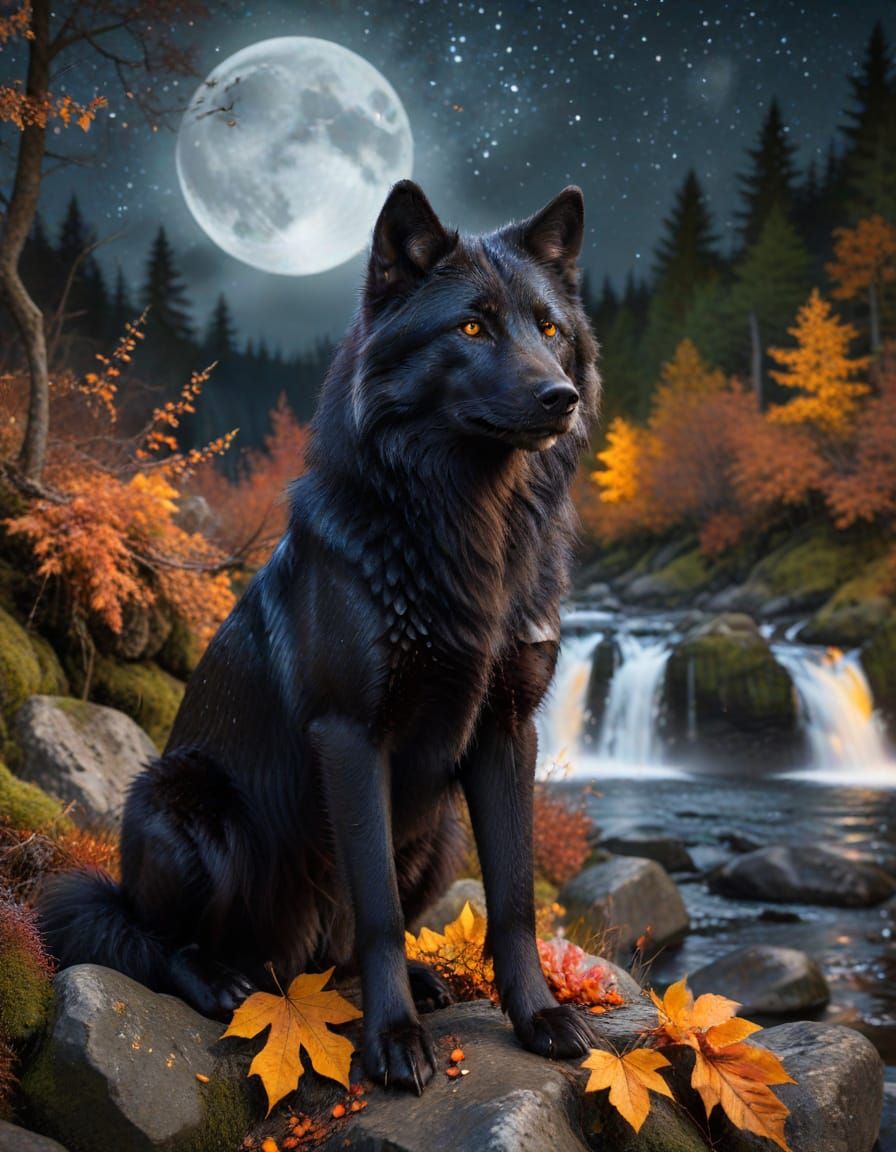 Black Wolf Under Full Moon With Waterfall