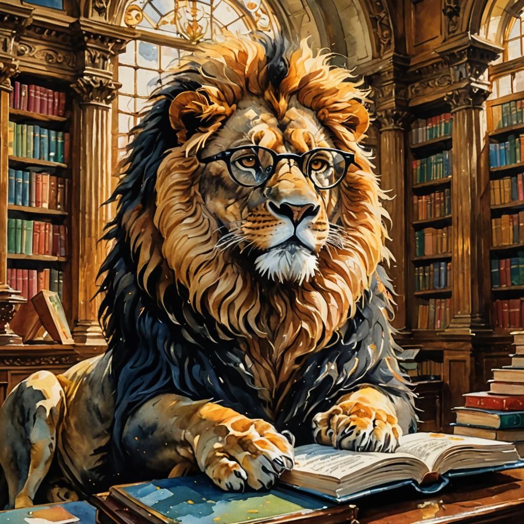 Lion Reader in Ornate Library, Gouache Painting
