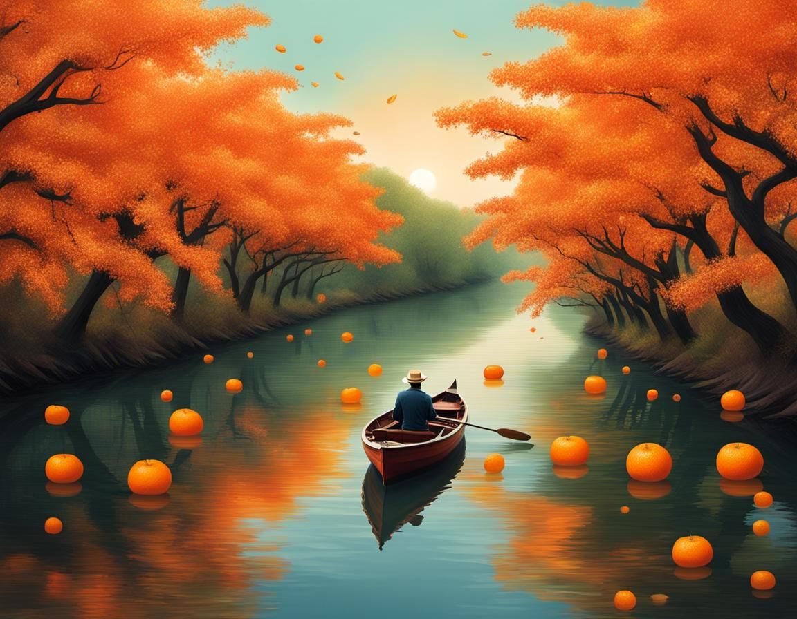 Boat on a River with Tangerine Trees