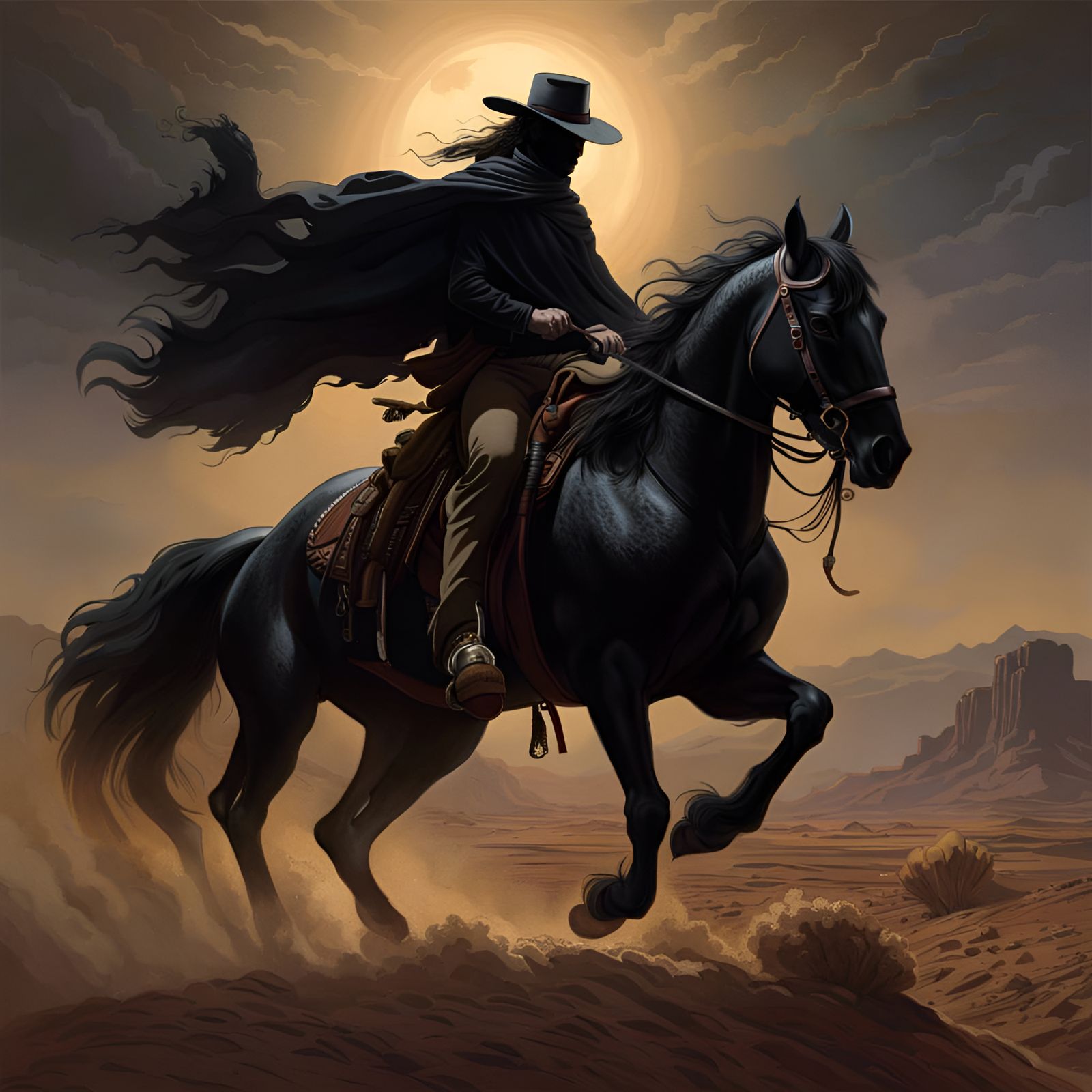 Cowboy on Black Horse in Sinister Desert Landscape