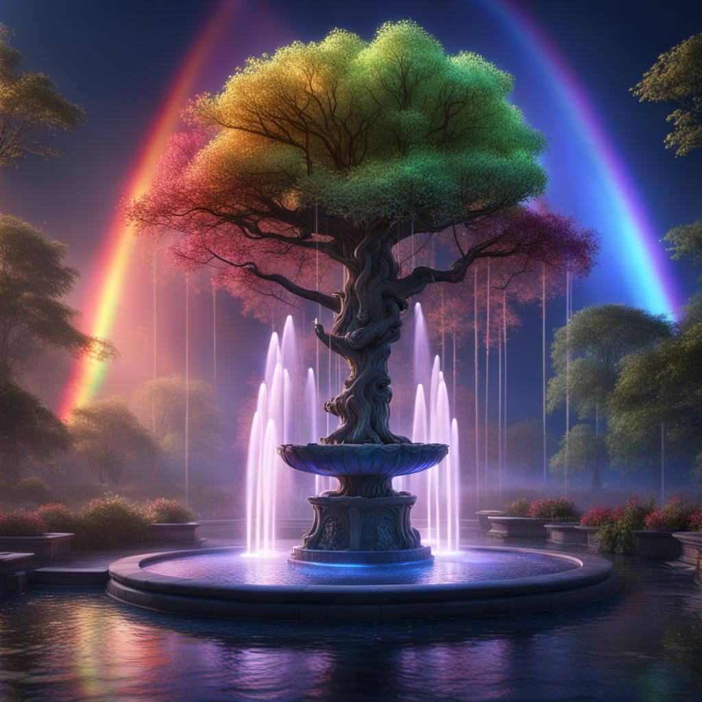Lotus Tree Fountain with Rainbow, Detailed Matte Painting
