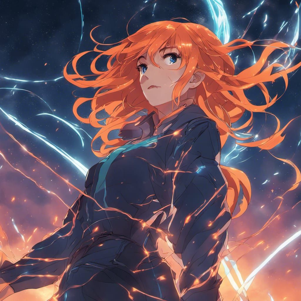 Anime Woman with Neon Hair in Galactic Storm