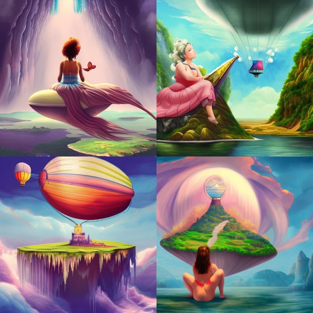 Giantess on Floating Island: Gouache and Watercolor Art