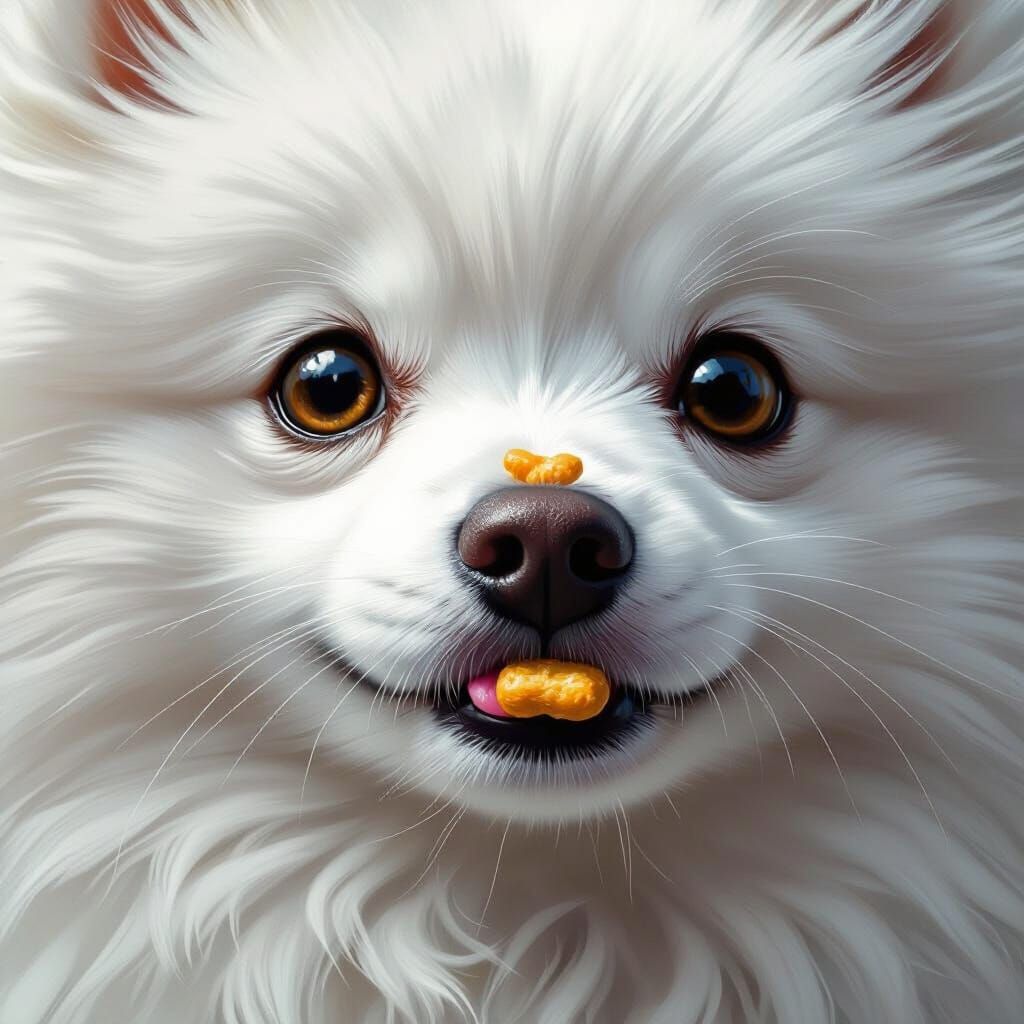 Japanese Spitz Balances Treat: Hyperrealistic Close-Up