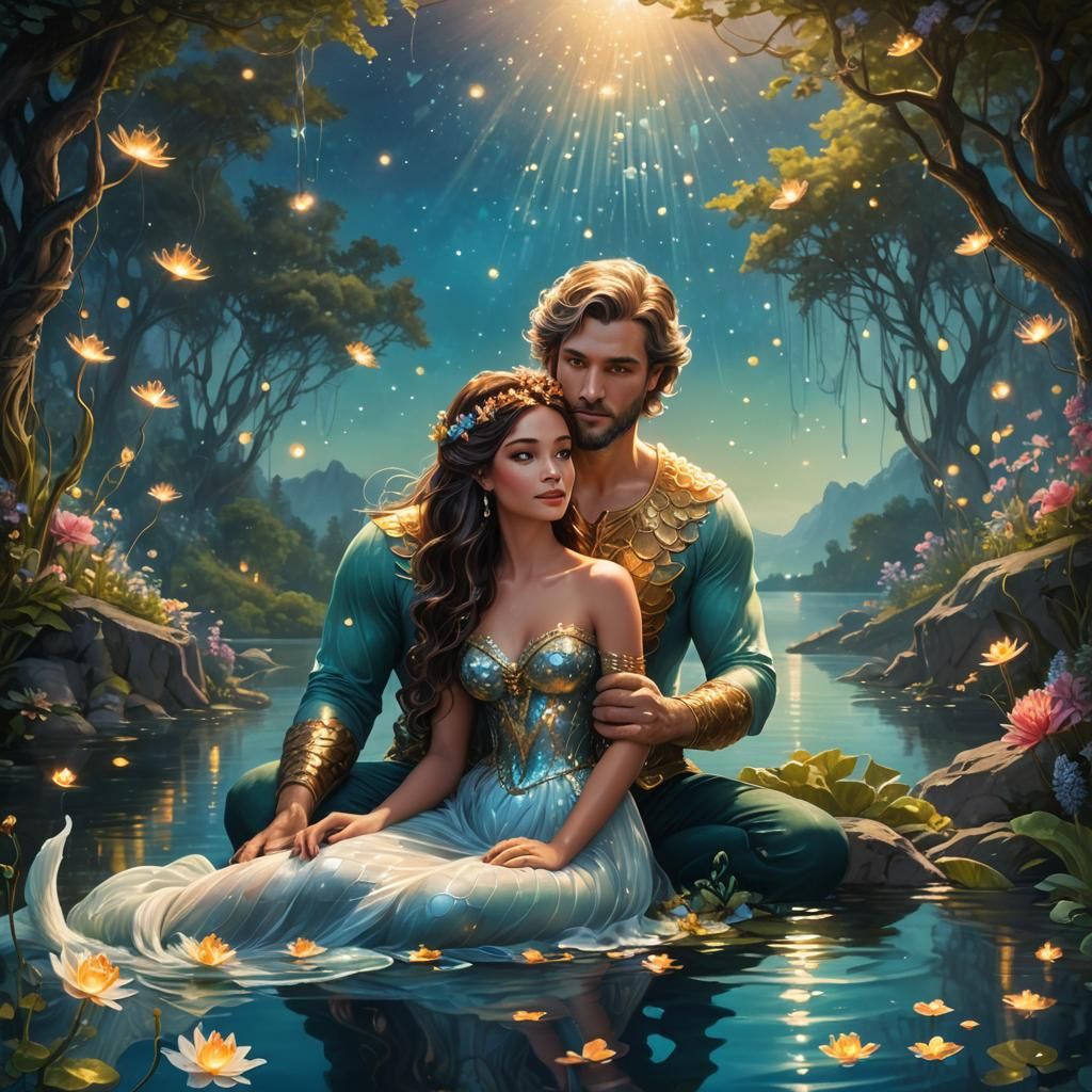 Mermaid Princess Family at Lake: Digital Oil Painting