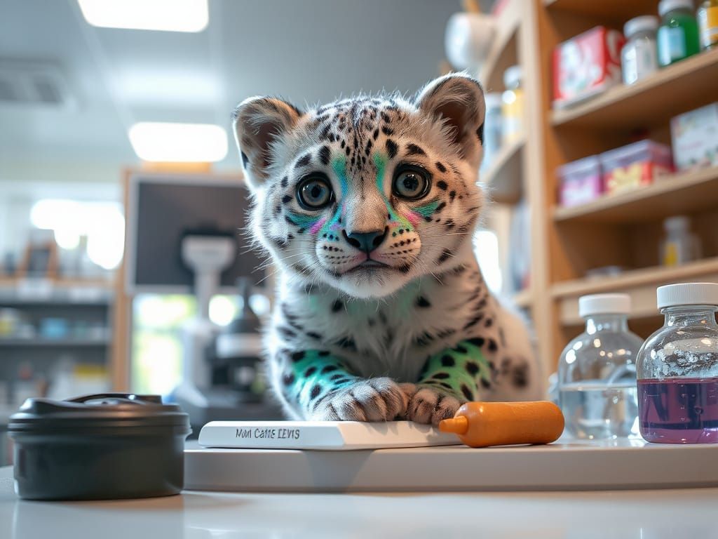 Vibrant Snow Leopard Cub in a Science Lab
