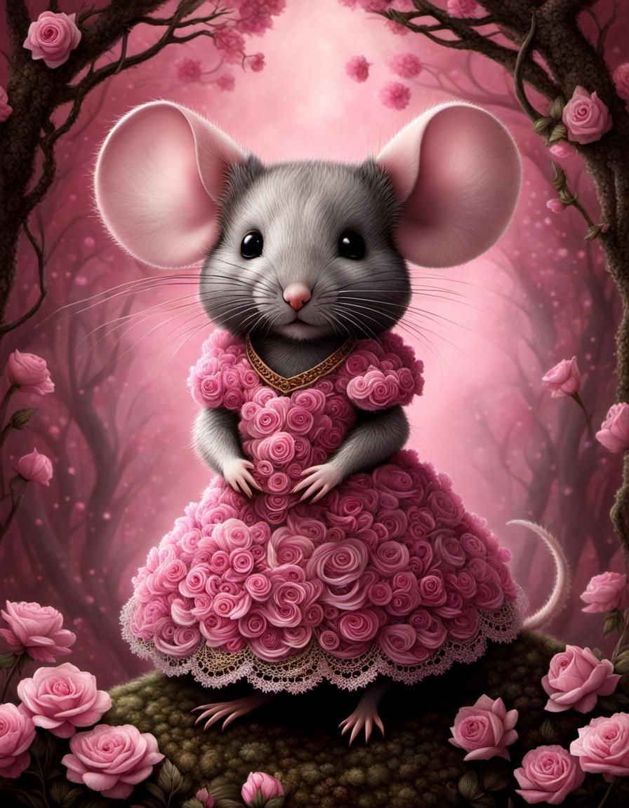 Very cute little fluffy mouse in a dress