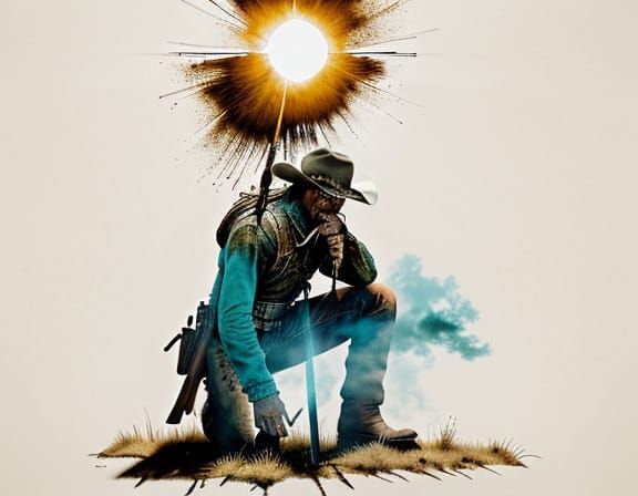 Cowboy Crouches Behind Dead Horse in Gritty Dark Fantasy Sce...