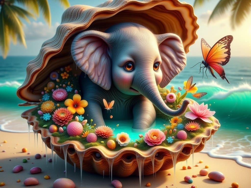 Baby Elephant in Seashell on Tropical Beach