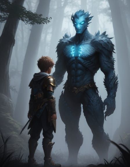 Fantasy Child & Monster Friendship in Dreamy Forest