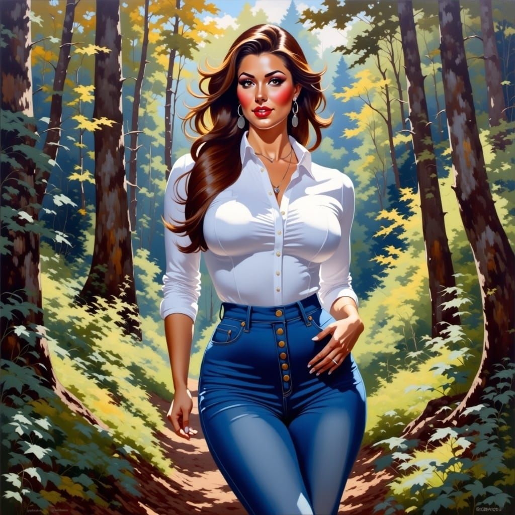 Brunette Lady Exploring Mystic Garden in Oil-Guache Style