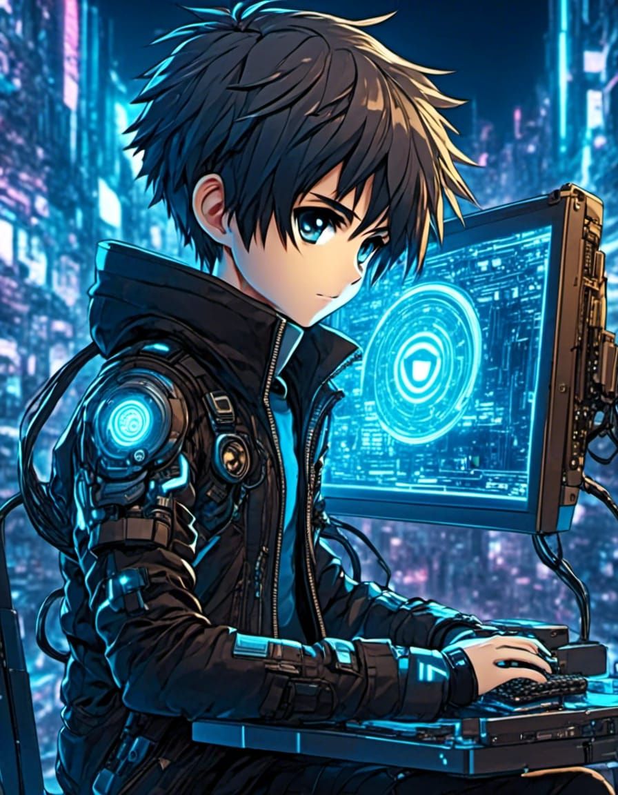 Anime cute Nendoroid Chibi male cyberpunk Netrunner looking at coputer. <lora:Murraypunk v2:1.0> <lora:Gridimation:1.0>
