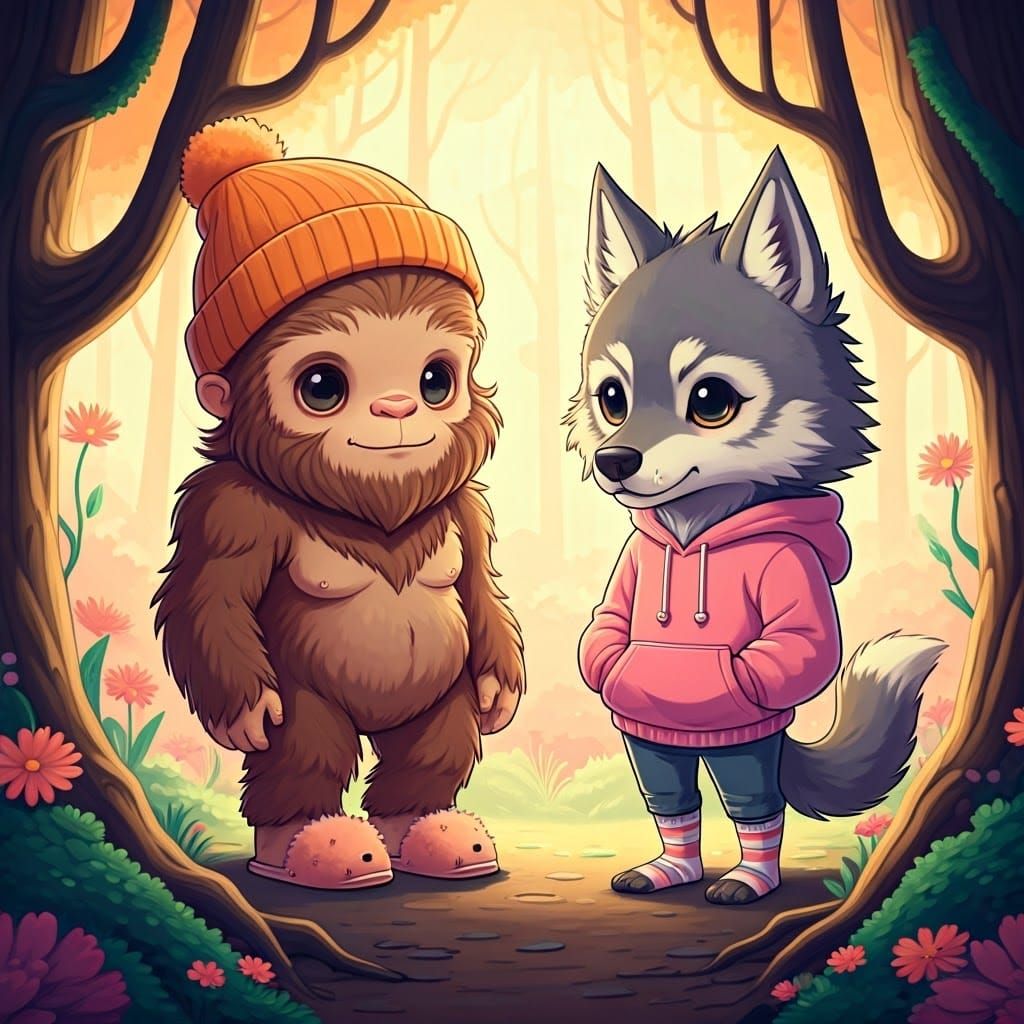 Chibi Cryptids Chatting in Whimsical Forest