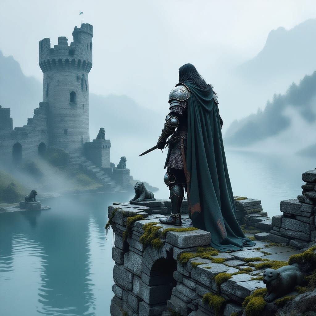 Medieval Warrior Overlooking Mystical Lake in Fantasy Style