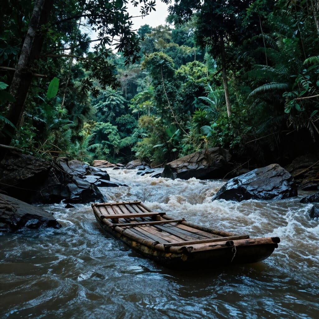 Hyperrealistic Lost Raft on Dangerous Jungle River