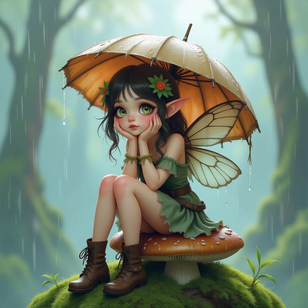 Fairy in Rain, Dreamy Watercolor Illustration