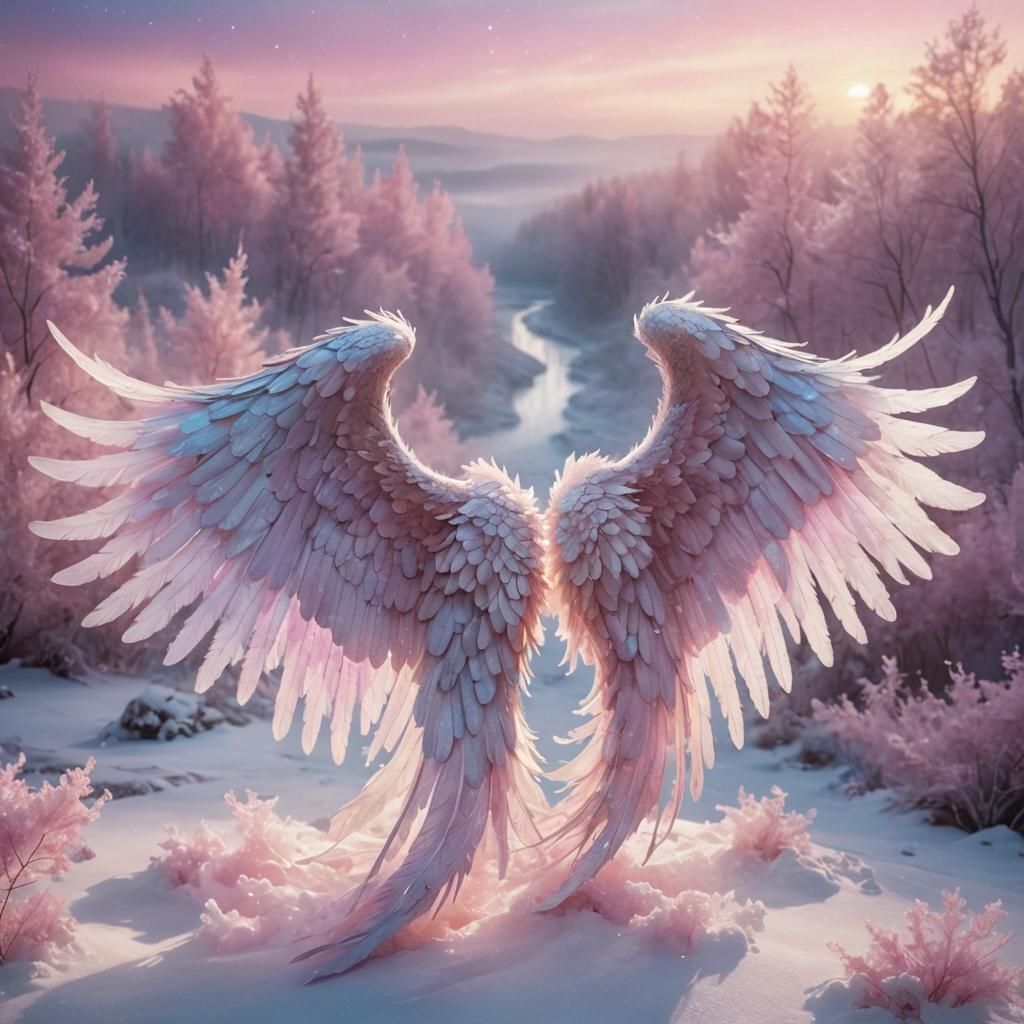 Angel Wings Spread in Pink Aurora Landscape
