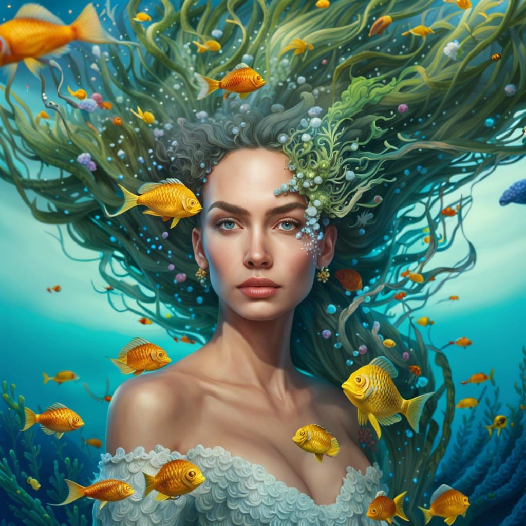 Woman with Seaweed Hair and Swimming Fish