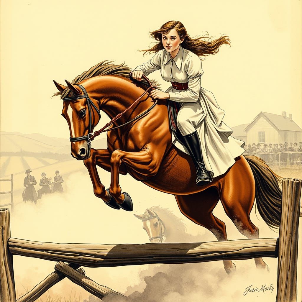 Equestrian Leap: Vintage Illustration of Horse and Rider