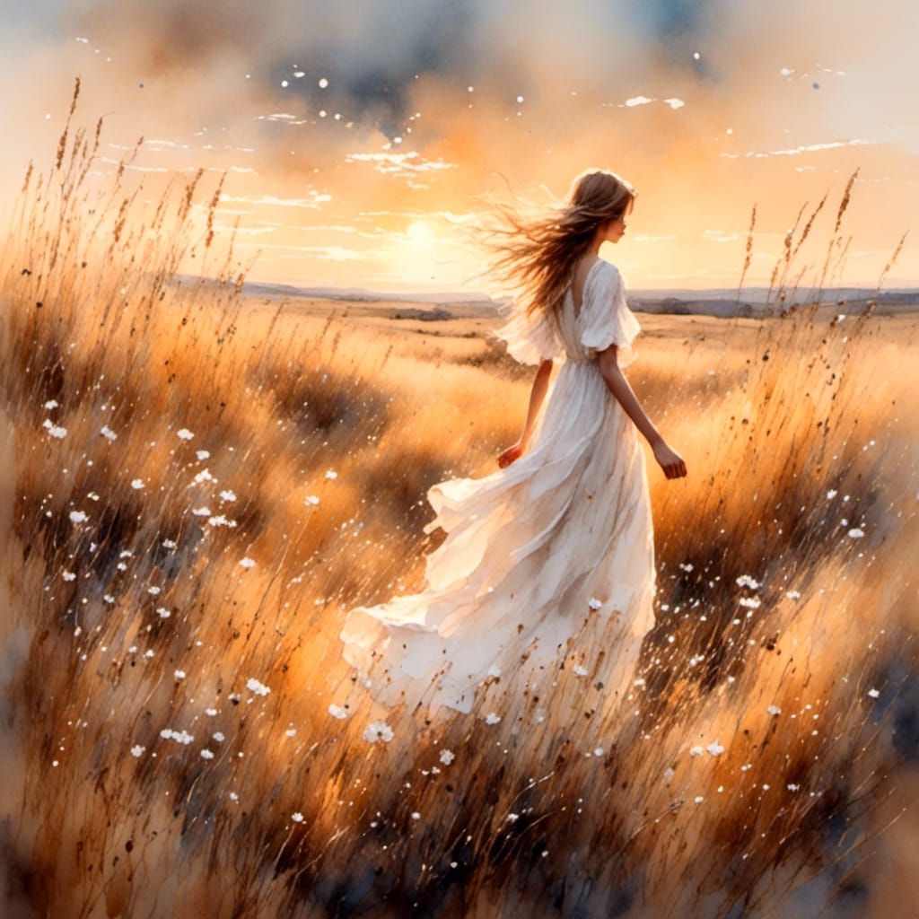 Ethereal Girl in Field, Watercolor Style
