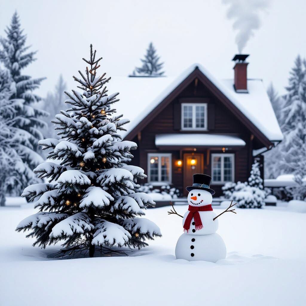 Snowy Christmas Scene with Tree and Snowman