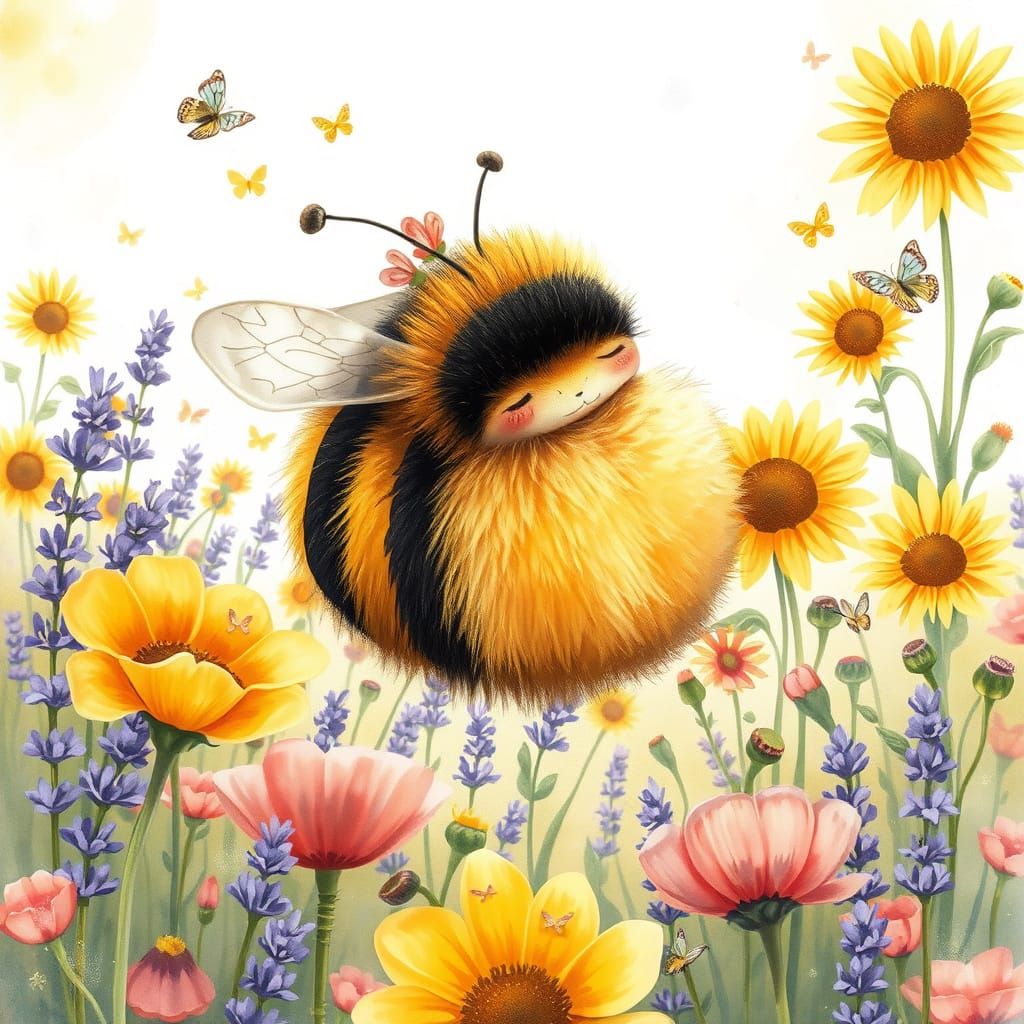 Sleepy Bumblebee in Sun-Drenched Floral Meadow