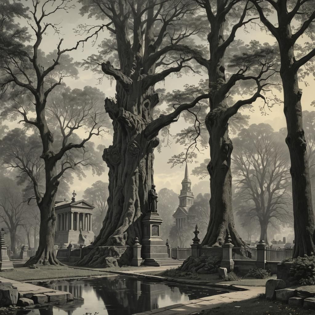 Greenwood Cemetery Monument in Detailed Charcoal Drawing