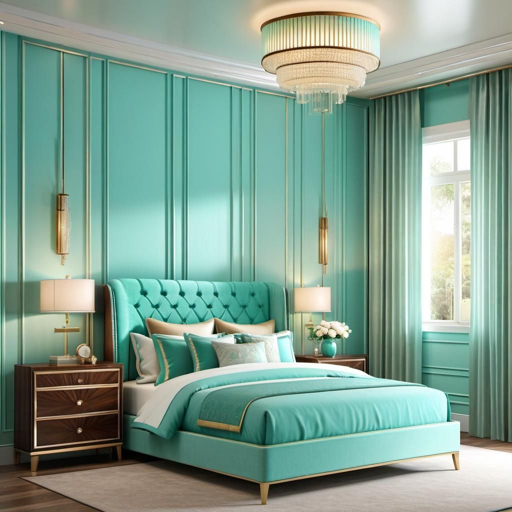 Art Deco Bedroom with Aqua Walls and Wooden Set