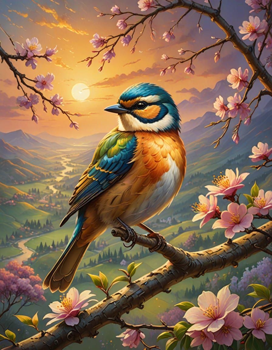 Bird on Branch: Fairytale Oil Painting