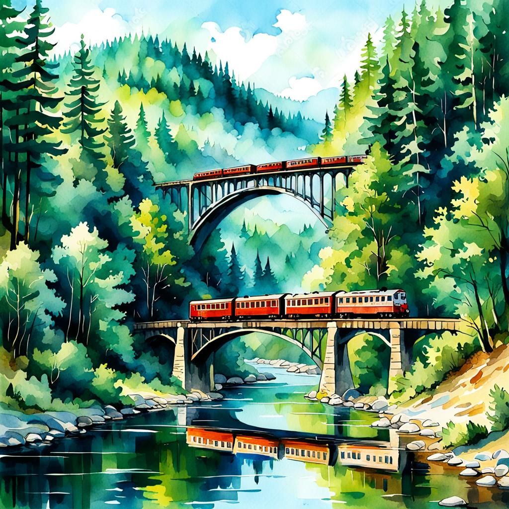 Train Journey: A Digital Watercolor River Landscape