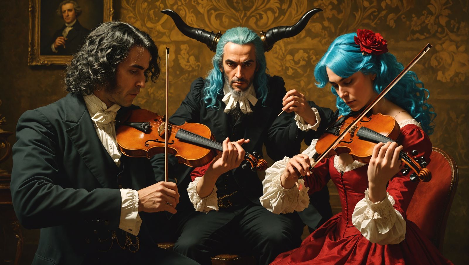 Paganini, the beautiful spanish man with the clockwork hand and the beautiful left-handed woman with blue hair are perfo...