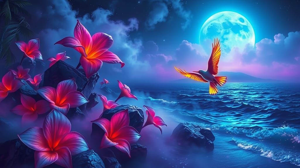 Dreamlike Bioluminescent Island Nightscape