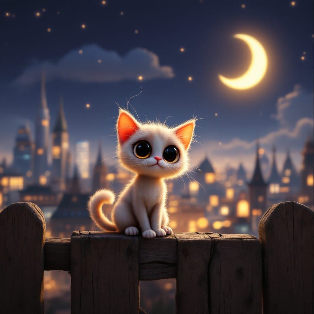 Whimsical Cartoon Cat Under Starry Cityscape