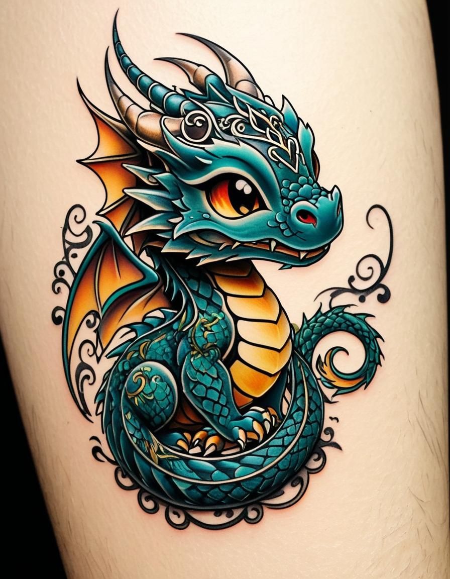 Baby Dragon Tattoo Art with Filigree Design
