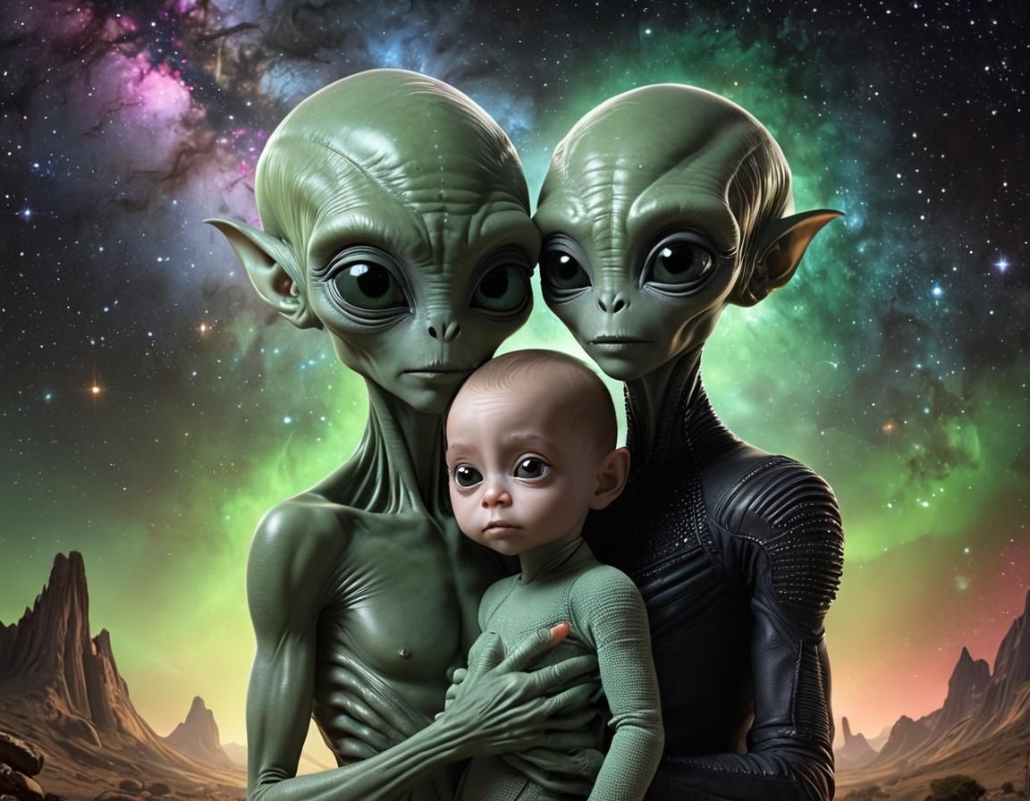 Alien couple holding their adopted Alien-human hybrid child