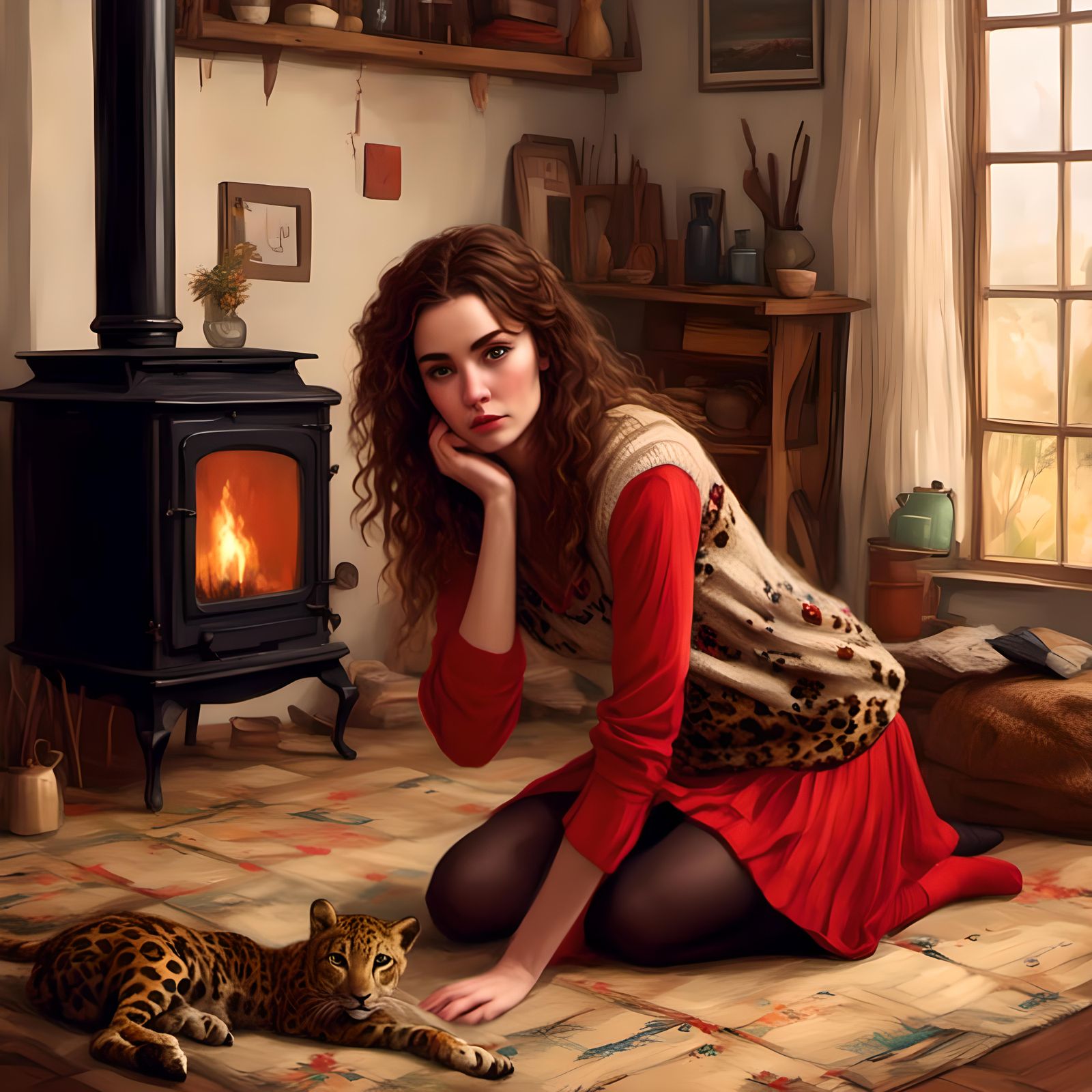 Woman in 70s Style with Leopard Print Skirt