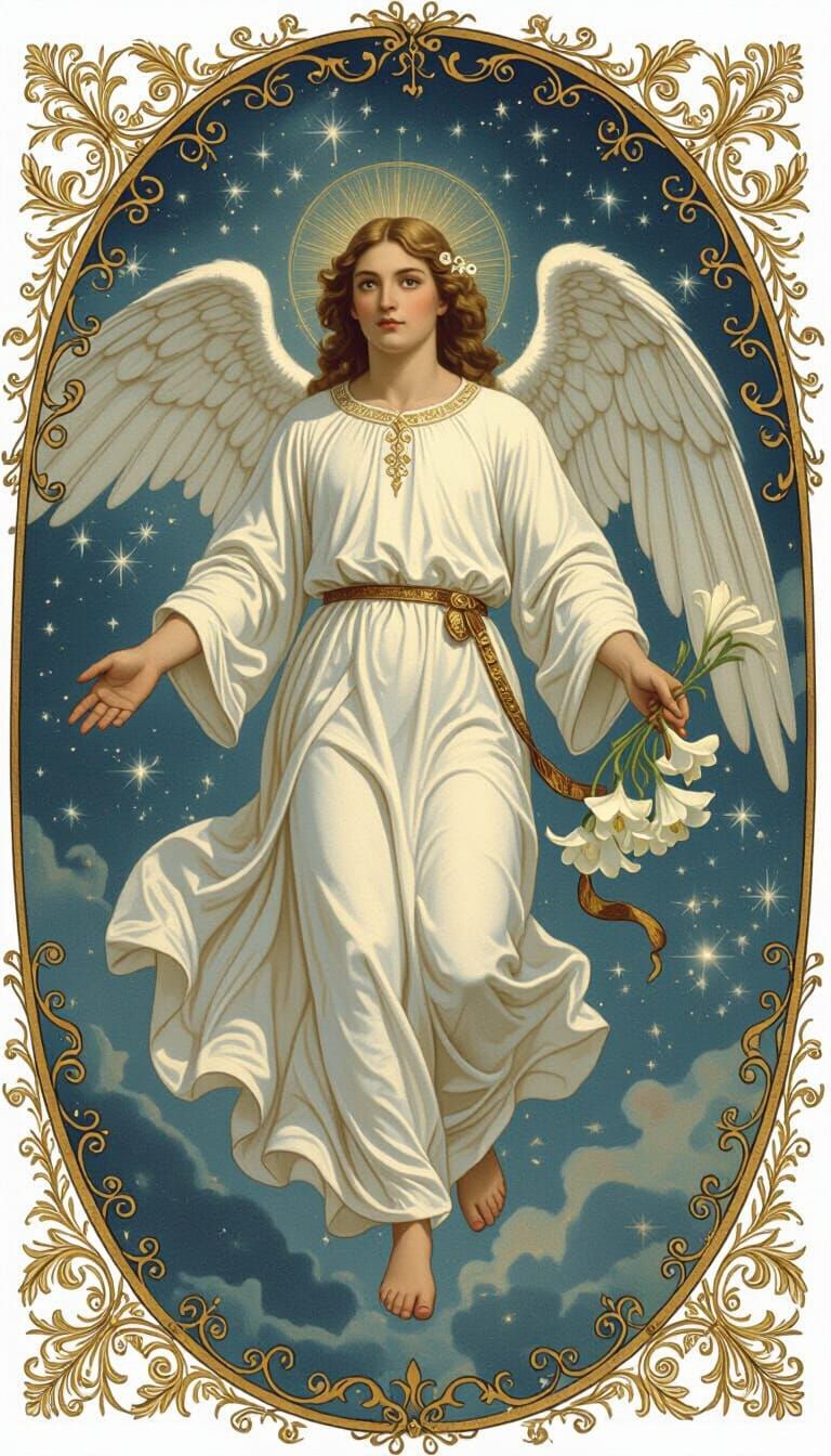 Angel Gabriel Floating in Radiant Sky with Golden Wings