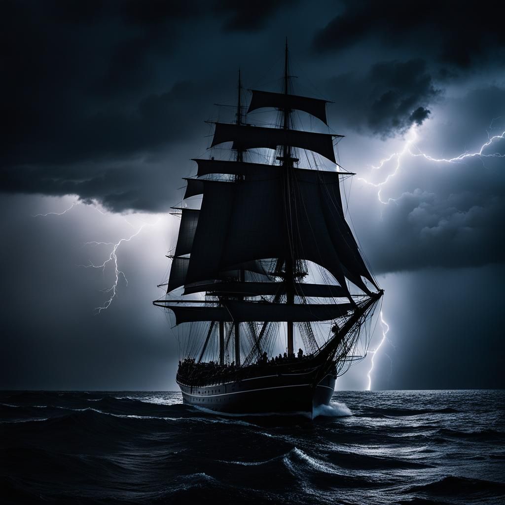 Dramatic Silhouette of Ship at Sea During Storm