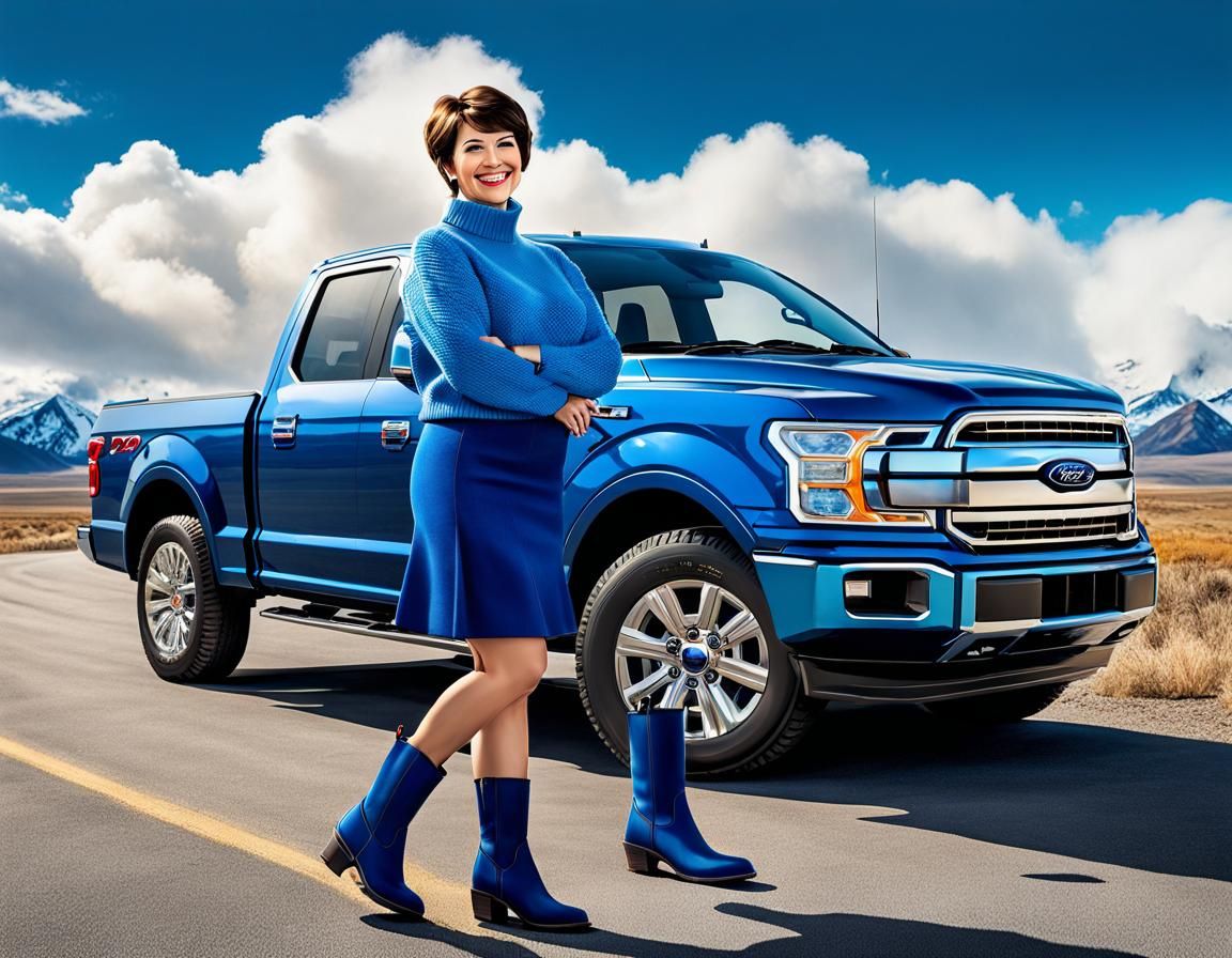 Woman in Blue Outfit Beside Ford Truck in Mountains