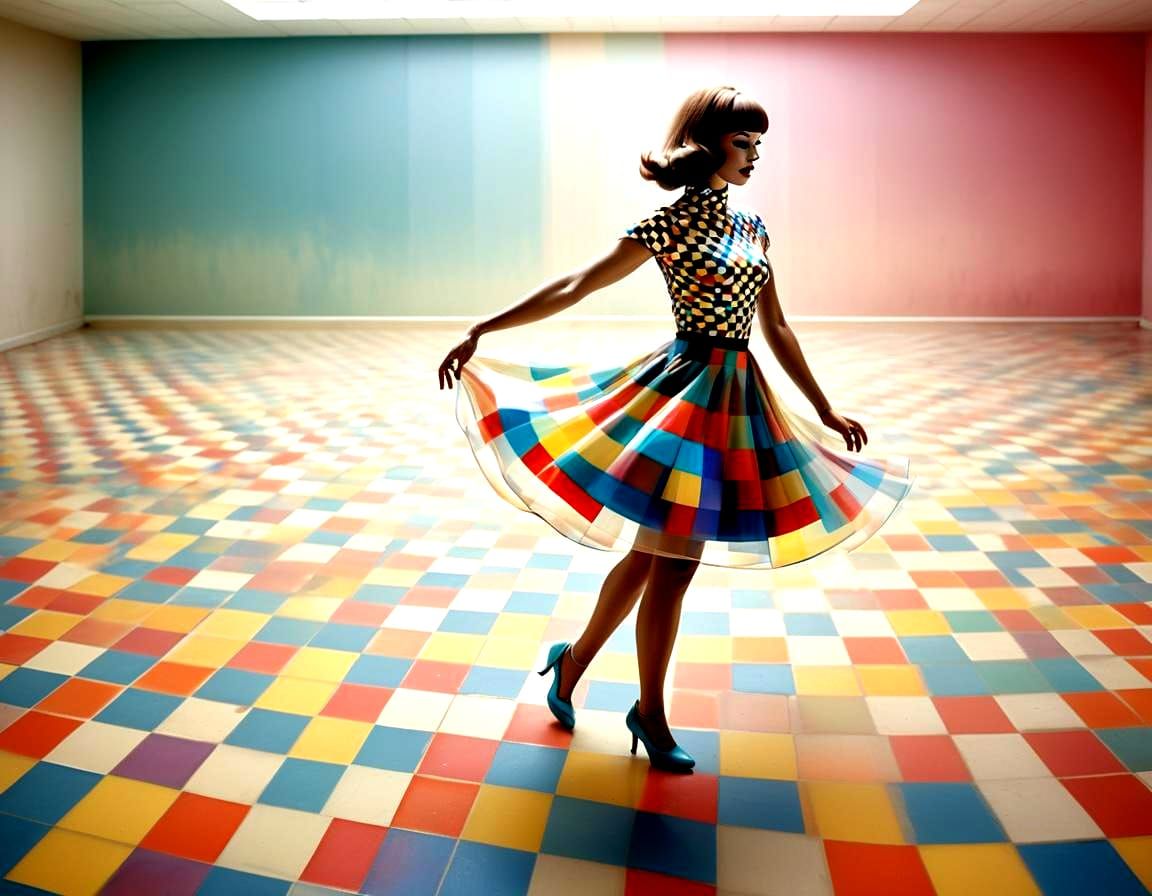 Dynamic 60s Dancer in a Swirling Vortex