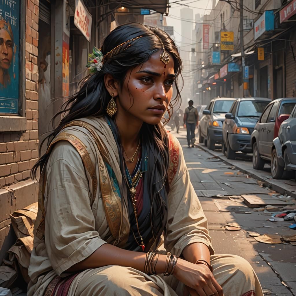 Sad Indian Girl Portrait in Hyperdetailed Digital Art