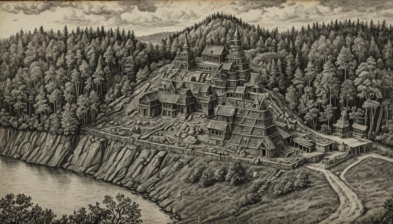 Slavic Pagan Temple on Island: Charcoal Drawing