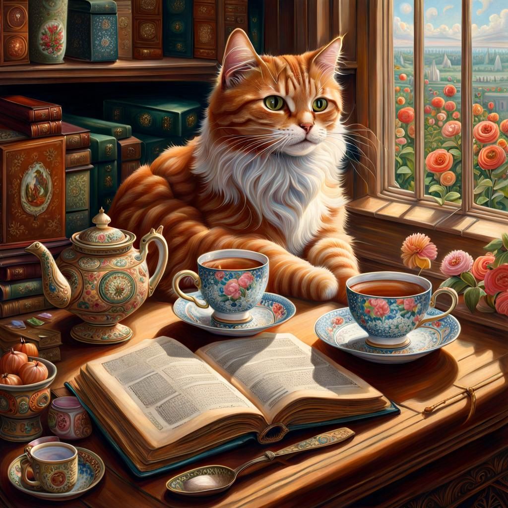 Tea, Book, and Cat Painting in Digital Pointillism