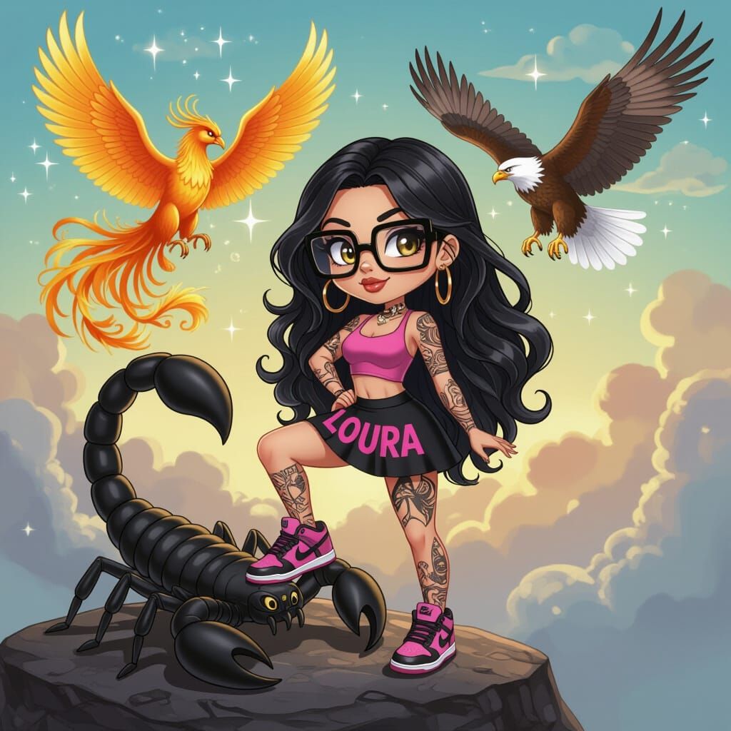 Chibi Woman with Scorpion and Mythical Birds