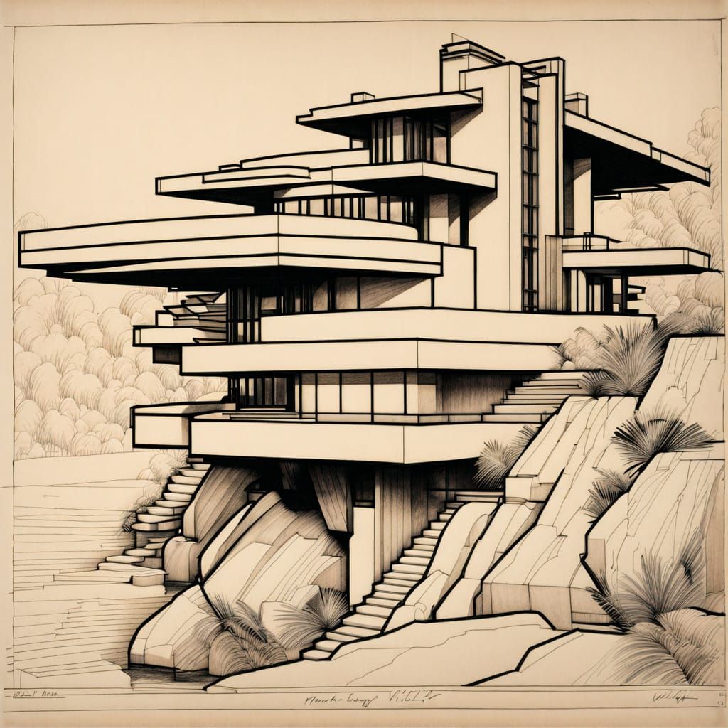 Fallingwater-Inspired Villa: Architectural Sketch in Black I...