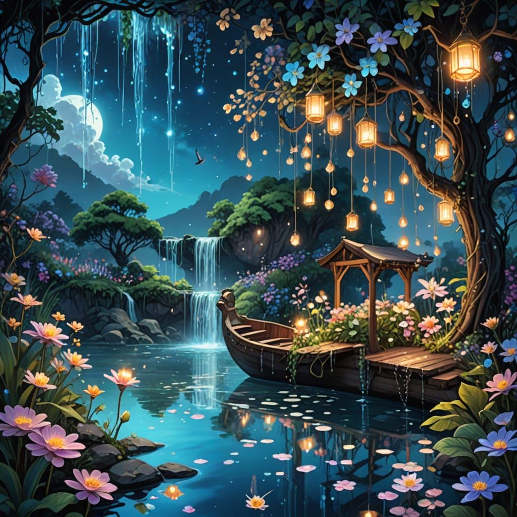 Ethereal Secret Garden with Waterfall in Anime Style