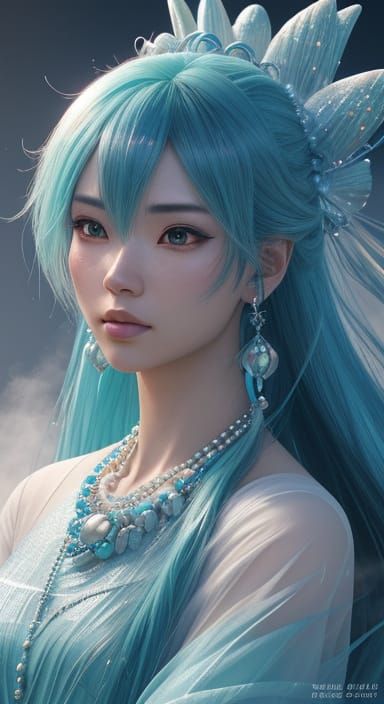 Hyper-Realistic Anime Portrait of a Blue-Haired Woman in Icy...
